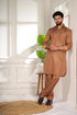 Brown Cotton Satin Mens Pathani Kurta With Payjama - Detail View | Samyak Fashion