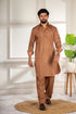 Brown Cotton Satin Mens Pathani Kurta With Payjama - Close-up View | Samyak Fashion