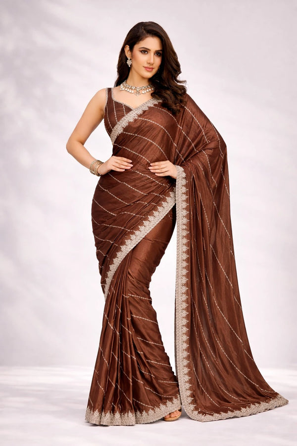 Brown Crepe Saree With Blouse - Front View | Samyak Fashion