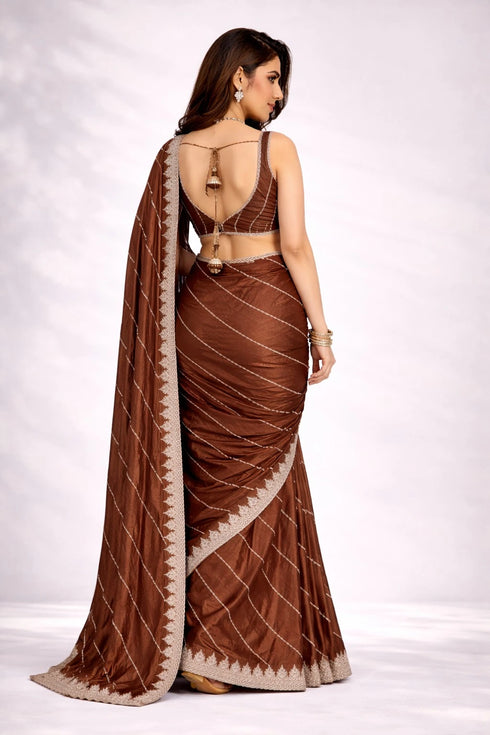 Brown Crepe Saree With Blouse - Back View | Samyak Fashion