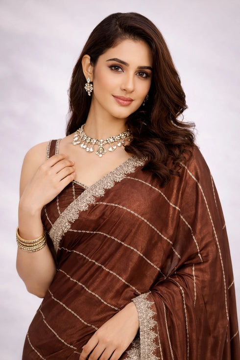 Brown Crepe Saree With Blouse - Side View | Samyak Fashion