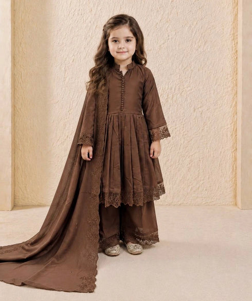 Brown Heavy Roman Sillk Stitched Embroidery Sequence Work - Front View | Samyak Fashion
