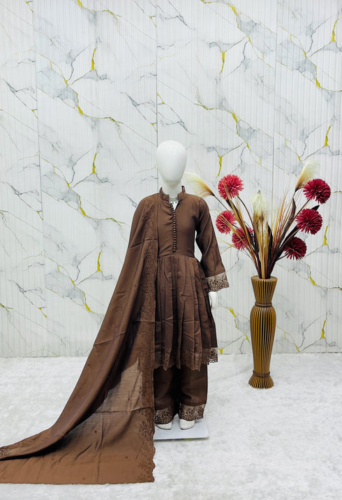 Brown Heavy Roman Sillk Stitched Embroidery Sequence Work - Styled View | Samyak Fashion