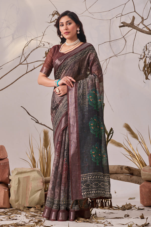 Brown Linen Cotton Party Wear Saree With Blouse - Front View | Samyak Fashion