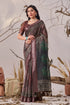 Brown Linen Cotton Party Wear Saree With Blouse - Front View | Samyak Fashion
