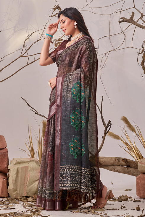 Brown Linen Cotton Party Wear Saree With Blouse - Back View | Samyak Fashion