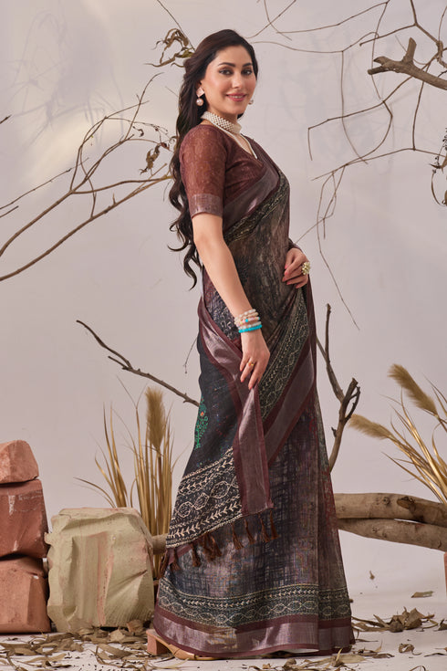 Brown Linen Cotton Party Wear Saree With Blouse - Side View | Samyak Fashion