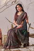 Brown Linen Cotton Party Wear Saree With Blouse - Detail View | Samyak Fashion