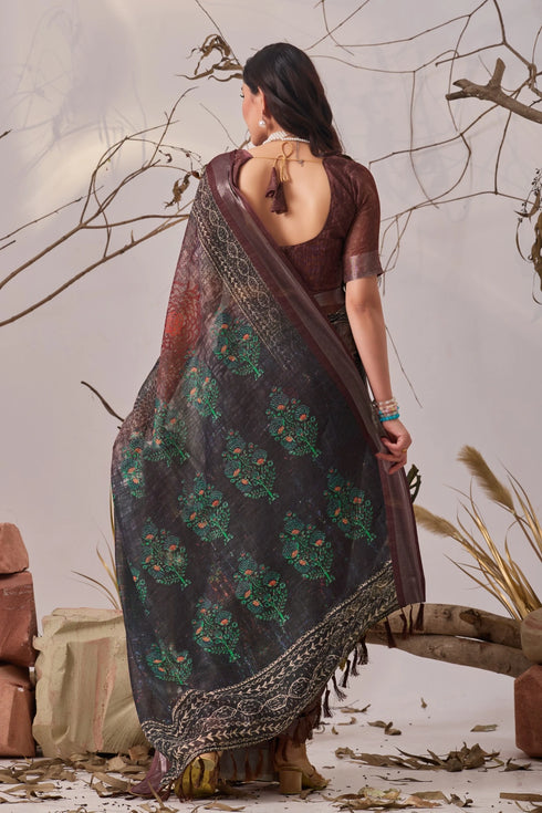 Brown Linen Cotton Party Wear Saree With Blouse - Close-up View | Samyak Fashion