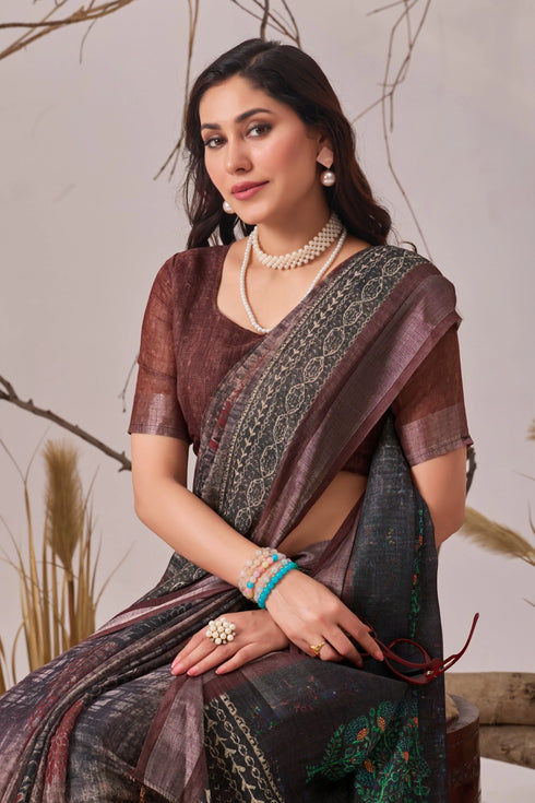 Brown Linen Cotton Party Wear Saree With Blouse - Full View | Samyak Fashion
