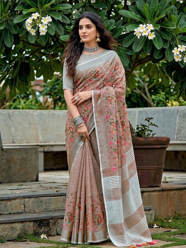Brown Linen Elegant Party Wear Saree Collection With Blouse - Front View | Samyak Fashion
