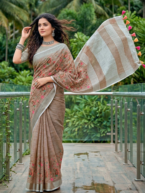Brown Linen Elegant Party Wear Saree Collection With Blouse - Side View | Samyak Fashion