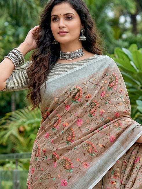 Brown Linen Elegant Party Wear Saree Collection With Blouse - Close-up View | Samyak Fashion