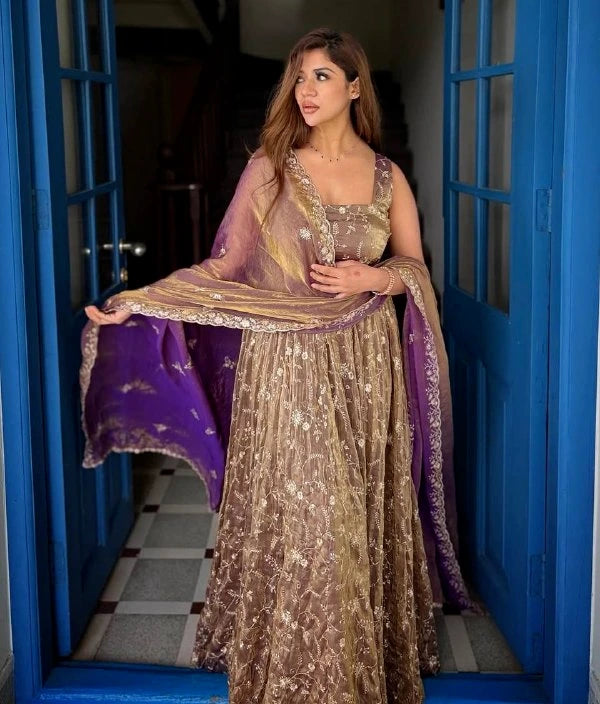 Brown Pure Fendy Silk Anarkali - Front View | Samyak Fashion