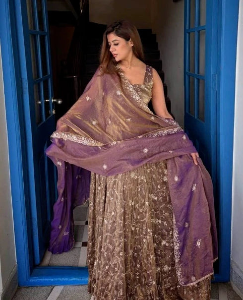 Brown Pure Fendy Silk Anarkali - Back View | Samyak Fashion