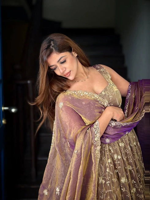 Brown Pure Fendy Silk Anarkali - Detail View | Samyak Fashion