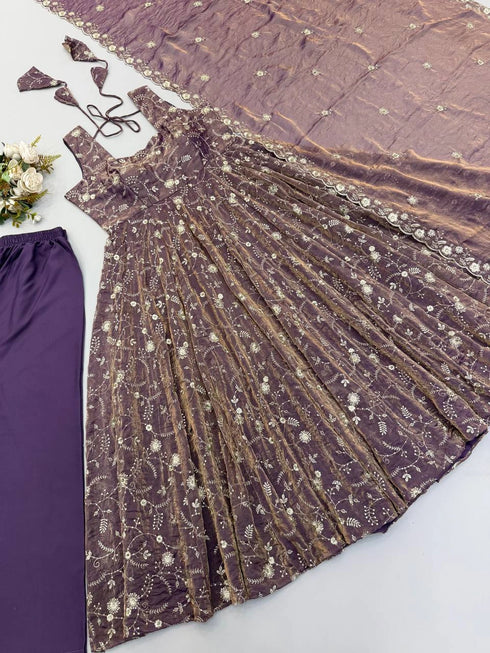 Brown Pure Fendy Silk Anarkali - Close-up View | Samyak Fashion
