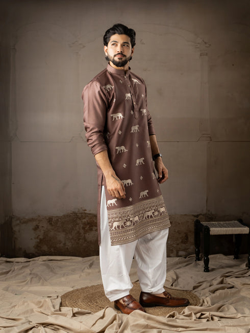 Brown Rayon Mens Kurta With Payjama - Close-up View | Samyak Fashion