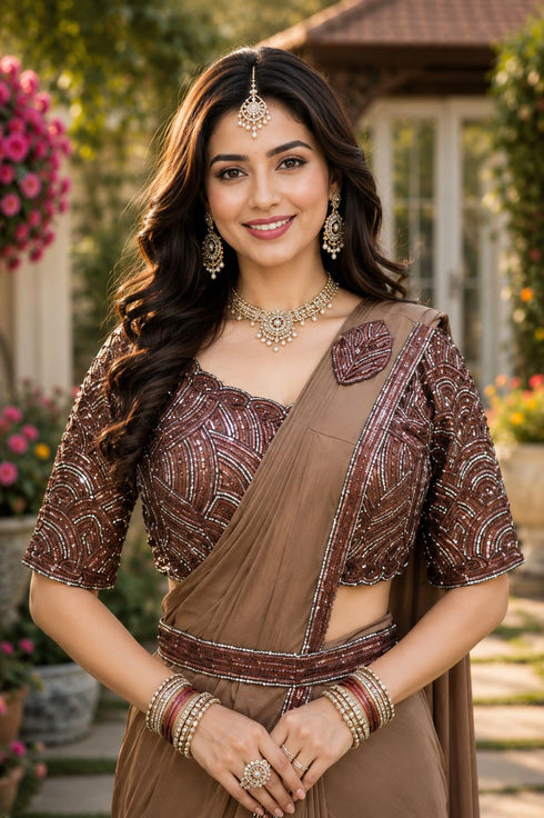 Brown Real Premium Lycra Saree With Blouse - Back View | Samyak Fashion