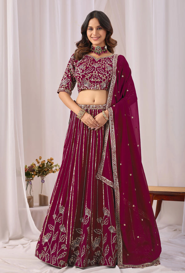 Burgundy Faux Georgette Lehenga Choli - Front View | Samyak Fashion