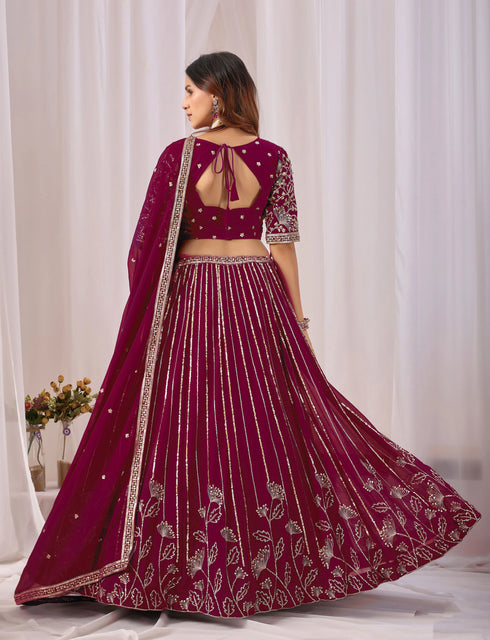 Burgundy Faux Georgette Lehenga Choli - Back View | Samyak Fashion
