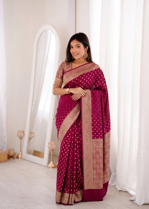 Burugundy Banarasi Soft Silk Party Wear Saree With Blouse - Front View | Samyak Fashion