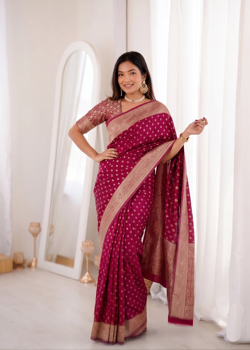 Burugundy Banarasi Soft Silk Party Wear Saree With Blouse - Back View | Samyak Fashion