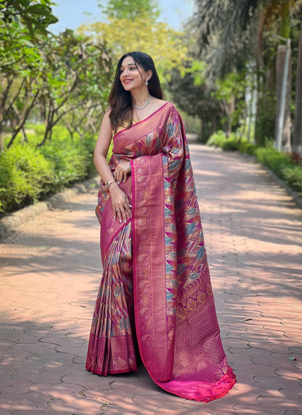 Burugundy Kanchipattu Silk Party Wear Saree With Blouse - Front View | Samyak Fashion