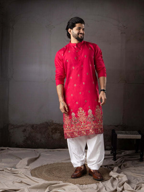 Cherry Red Rayon Mens Kurta With Payjama - Front View | Samyak Fashion