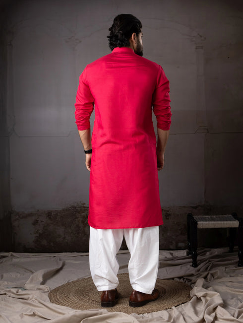 Cherry Red Rayon Mens Kurta With Payjama - Back View | Samyak Fashion