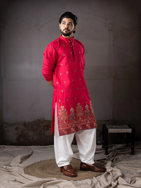 Cherry Red Rayon Mens Kurta With Payjama - Close-up View | Samyak Fashion