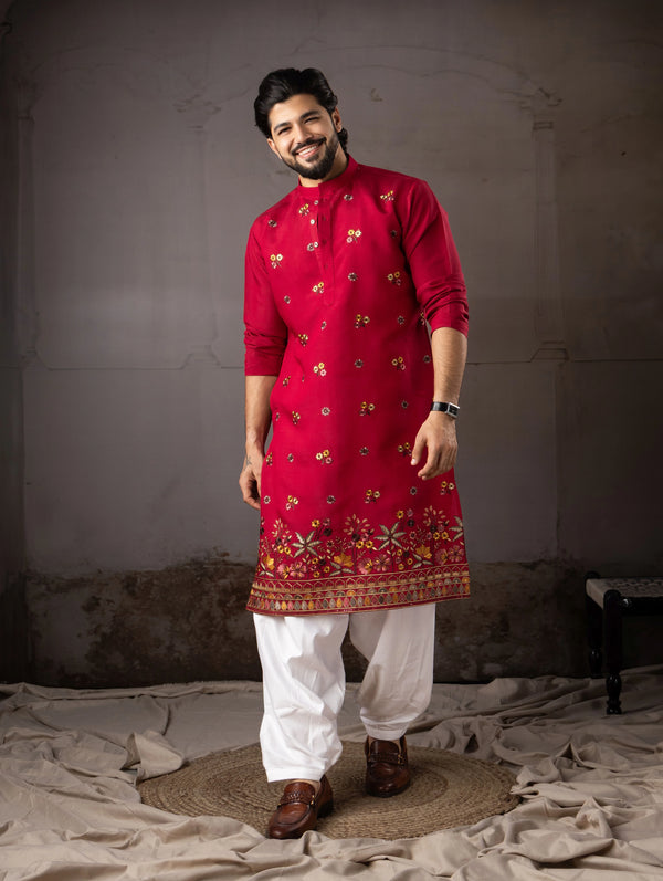 Cherry Red Silk Mens Kurta With Payjama - Front View | Samyak Fashion