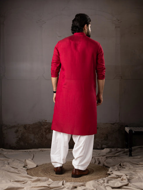 Cherry Red Silk Mens Kurta With Payjama - Back View | Samyak Fashion