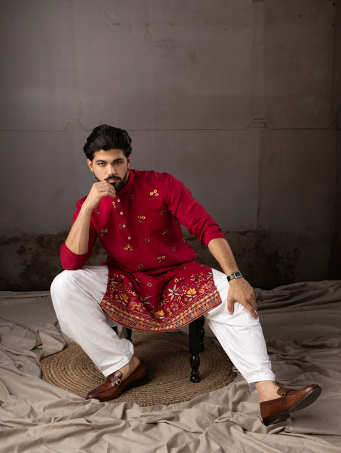 Cherry Red Silk Mens Kurta With Payjama - Side View | Samyak Fashion