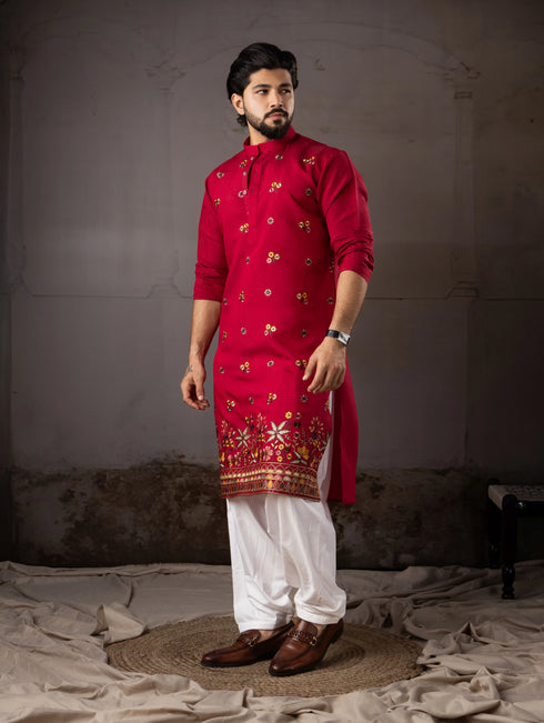 Cherry Red Silk Mens Kurta With Payjama - Detail View | Samyak Fashion