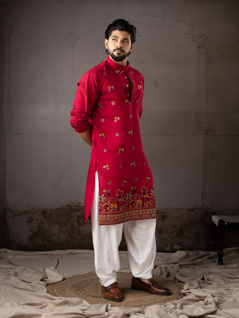 Cherry Red Silk Mens Kurta With Payjama - Close-up View | Samyak Fashion