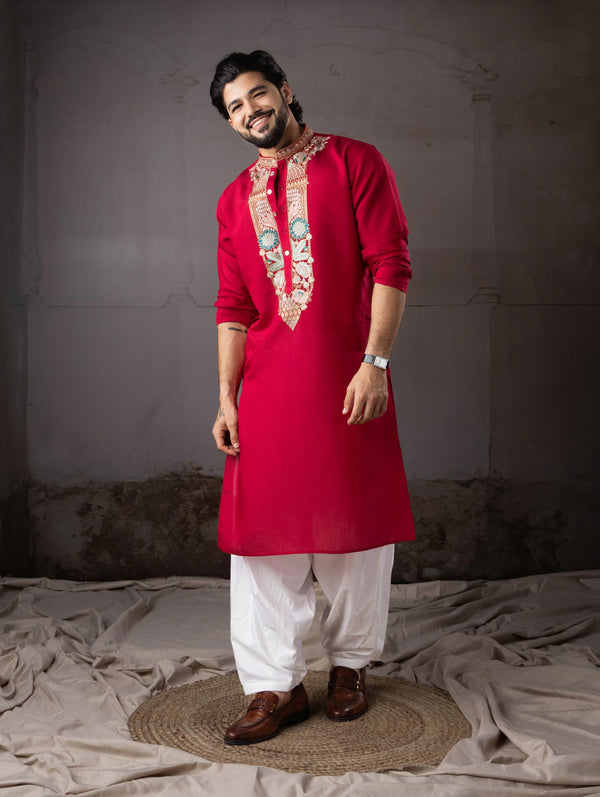 Cherry Red Silk Mens Kurta With Payjama - Front View | Samyak Fashion