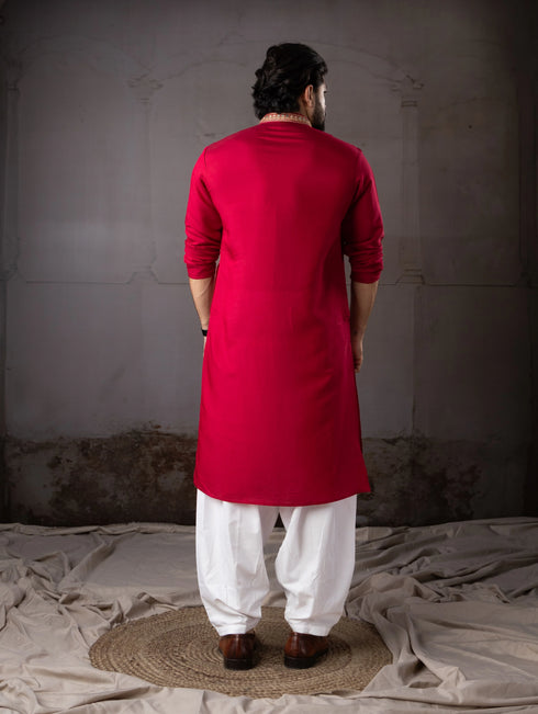 Cherry Red Silk Mens Kurta With Payjama - Back View | Samyak Fashion