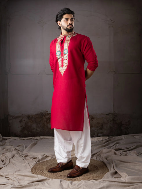 Cherry Red Silk Mens Kurta With Payjama - Detail View | Samyak Fashion