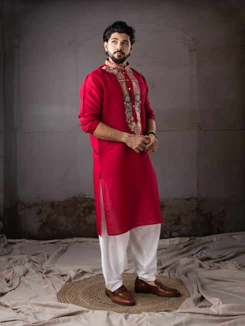 Cherry Red Silk Mens Kurta With Payjama - Close-up View | Samyak Fashion