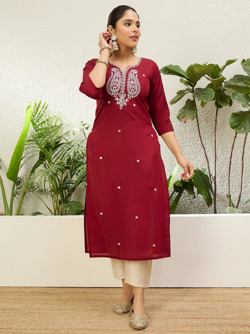 Cherry Silk Blend Long Kurti. - Front View | Samyak Fashion