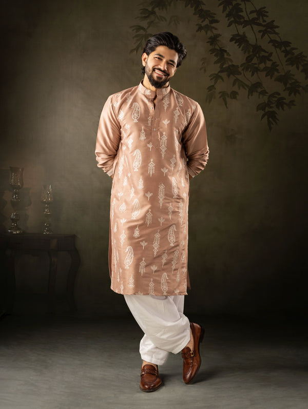 Chocolate Brown Silk Mens Kurta With Payjama - Front View | Samyak Fashion
