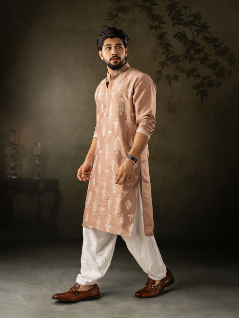 Chocolate Brown Silk Mens Kurta With Payjama - Detail View | Samyak Fashion