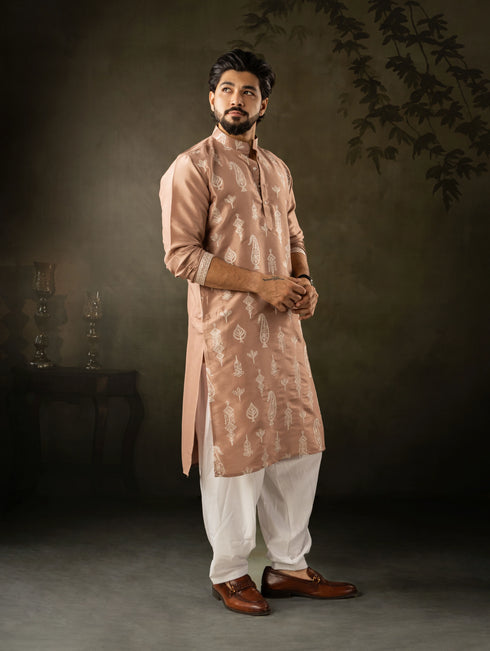 Chocolate Brown Silk Mens Kurta With Payjama - Close-up View | Samyak Fashion
