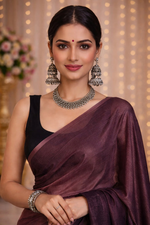 Coffee Chiffon Saree With Blouse - Side View | Samyak Fashion