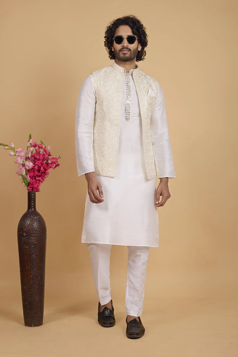 Cream Banarasi Silk Mens Mans - Side View | Samyak Fashion