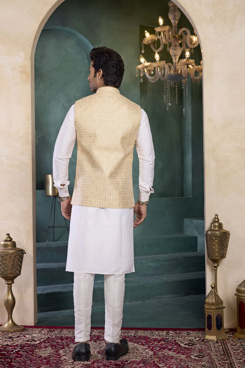 Cream Banarasi Silk Mens Mans - Back View | Samyak Fashion