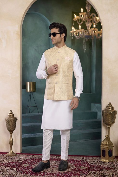 Cream Banarasi Silk Mens Mans - Side View | Samyak Fashion