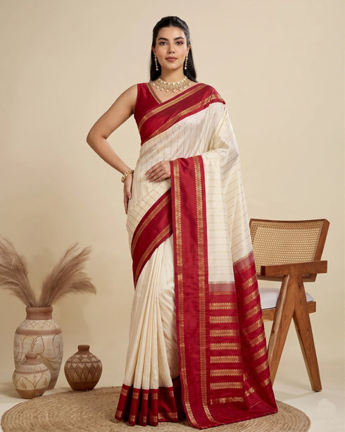 Cream Banarasi Soft Silk Elegant Party Wear Saree Collection With Blouse - Front View | Samyak Fashion