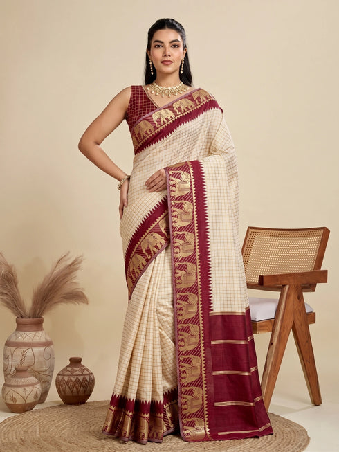 Cream Banarasi Soft Silk Elegant Party Wear Saree Collection With Blouse - Front View | Samyak Fashion